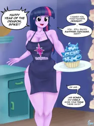 Size: 1280x1710 | Tagged: suggestive, artist:lennondash, derpibooru import, twilight sparkle, human, equestria girls, 2d, ankles, apron, bangs, big breasts, breasts, busty twilight sparkle, chinese new year, cleavage, clothes, cupcake, curvy, dialogue, eyebrows, female, food, g4, hourglass figure, image, implied spike, indoors, jpeg, kitchen, legs, looking at you, mole, naked apron, partial nudity, plate, raised eyebrow, sapphire, sapphire cupcake, solo, solo female, speech bubble, thighs, twilightlicious, wide hips, year of the dragon