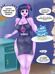 Size: 1280x1710 | Tagged: suggestive, alternate version, artist:lennondash, derpibooru import, twilight sparkle, human, equestria girls, 2d, ankles, apron, bangs, big breasts, breasts, busty twilight sparkle, chinese new year, cleavage, clothes, cupcake, curvy, dialogue, eyebrows, female, flour, food, g4, hourglass figure, image, implied spike, indoors, jpeg, kitchen, legs, mole, naked apron, open mouth, open smile, partial nudity, plate, raised eyebrow, sapphire, sapphire cupcake, smiling, solo, solo female, speech bubble, thighs, twilightlicious, wide hips, year of the dragon
