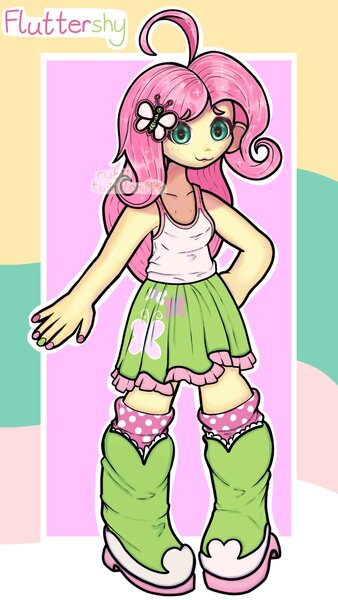 Size: 1080x1920 | Tagged: safe, artist:rubytwinklemoon, derpibooru import, fluttershy, human, equestria girls, :3, boots, clothes, eye clipping through hair, eyebrows, eyeshadow, female, g4, hairpin, high heel boots, image, jpeg, makeup, pigeon toed, shoes, simple background, smiling, socks, solo, tanktop, text, watermark