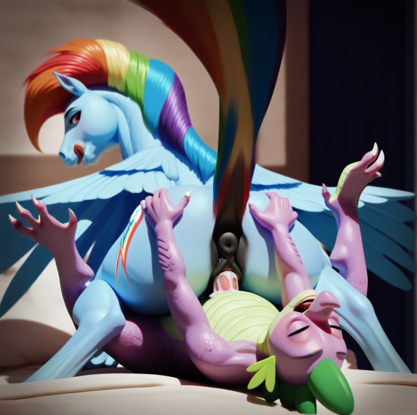 Size: 1400x1392 | Tagged: explicit, ai content, machine learning generated, stable diffusion, rainbow dash, spike, dragon, pegasus, pony, amazon position, anatomically correct, anus, bed, butt, butt touch, claws, creampie, cum, cum inside rainbow dash, cumming, detailed, dock, dominant female, eyes closed, hand on butt, hoers, image, interspecies, legs in air, licking, licking lips, looking back, looking pleasured, nudity, penetration, penis, plot, png, raised tail, sex, straddling, tail, tongue out, vagina, vaginal, vulva, wings