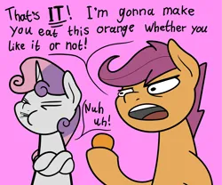 Size: 2048x1708 | Tagged: safe, artist:ewoudcponies, derpibooru import, scootaloo, sweetie belle, pegasus, pony, unicorn, dialogue, duo, duo female, female, filly, foal, food, fruit, g4, horn, image, open mouth, orange, pink background, png, simple background