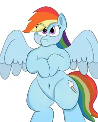 Size: 616x767 | Tagged: safe, artist:theonlyone, derpibooru import, rainbow dash, pegasus, pony, blushing, ear fluff, eye clipping through hair, female, image, lineart, png, shading, simple background, solo, solo female, spread wings, standing on two hooves, thighs, thunder thighs, wings, wip