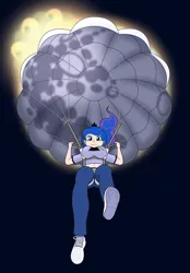 Size: 1900x2729 | Tagged: safe, artist:phallen1, derpibooru import, princess luna, human, clothes, eclipse, female, from below, g4, image, jpeg, jumpsuit, parachute, pink floyd, pun, skydiving, solar eclipse, solo, sun, the dark side of the moon, visual pun