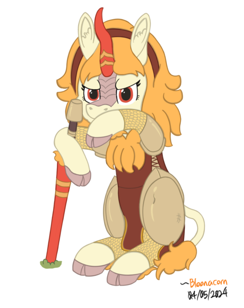 Size: 988x1250 | Tagged: safe, artist:bloonacorn, derpibooru import, oc, oc:gloria graces, unofficial characters only, kirin, cloven hooves, image, kirin oc, lance, png, simple background, transparent background, weapon
