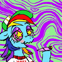 Size: 500x500 | Tagged: safe, artist:wizardlyfodder, derpibooru import, rainbow dash, pony, blushing, clothes, drug use, drugs, female, hat, high, image, joint, mare, marijuana, png, psychedelic, shirt, solo, starry eyes, wingding eyes