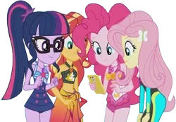 Size: 3640x2520 | Tagged: safe, derpibooru import, edit, edited screencap, editor:homersimpson1983, screencap, fluttershy, pinkie pie, sci-twi, sunset shimmer, twilight sparkle, human, background removed, clothes, female, g4, image, not a vector, png, swimsuit