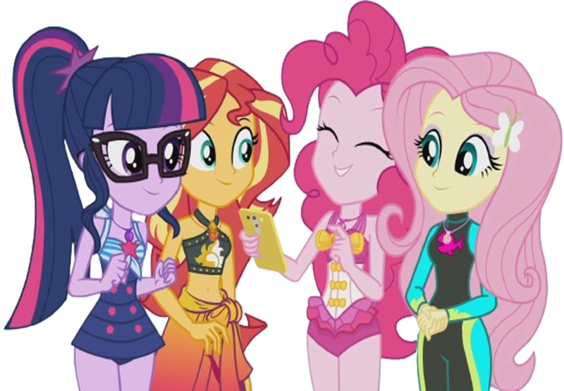 Size: 3638x2520 | Tagged: safe, derpibooru import, edit, edited screencap, editor:homersimpson1983, screencap, fluttershy, pinkie pie, sci-twi, sunset shimmer, twilight sparkle, human, background removed, clothes, female, g4, image, not a vector, png, swimsuit