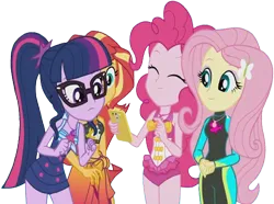Size: 3396x2520 | Tagged: safe, derpibooru import, edit, edited screencap, editor:homersimpson1983, screencap, fluttershy, pinkie pie, sci-twi, sunset shimmer, twilight sparkle, human, background removed, clothes, female, g4, image, not a vector, png, swimsuit