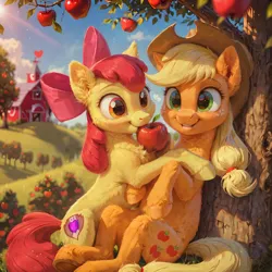Size: 4096x4096 | Tagged: safe, ai content, derpibooru import, machine learning generated, prompter:venisoncreampie, stable diffusion, apple bloom, applejack, earth pony, pony, against tree, apple, cuddling, duo, duo female, female, food, g4, generator:pony diffusion v6 xl, image, png, siblings, sisters, sitting, sweet apple acres, tree, wholesome