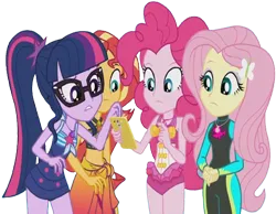 Size: 3244x2520 | Tagged: safe, derpibooru import, edit, edited screencap, editor:homersimpson1983, screencap, fluttershy, pinkie pie, sci-twi, sunset shimmer, twilight sparkle, human, equestria girls, background removed, clothes, female, g4, image, not a vector, png, swimsuit
