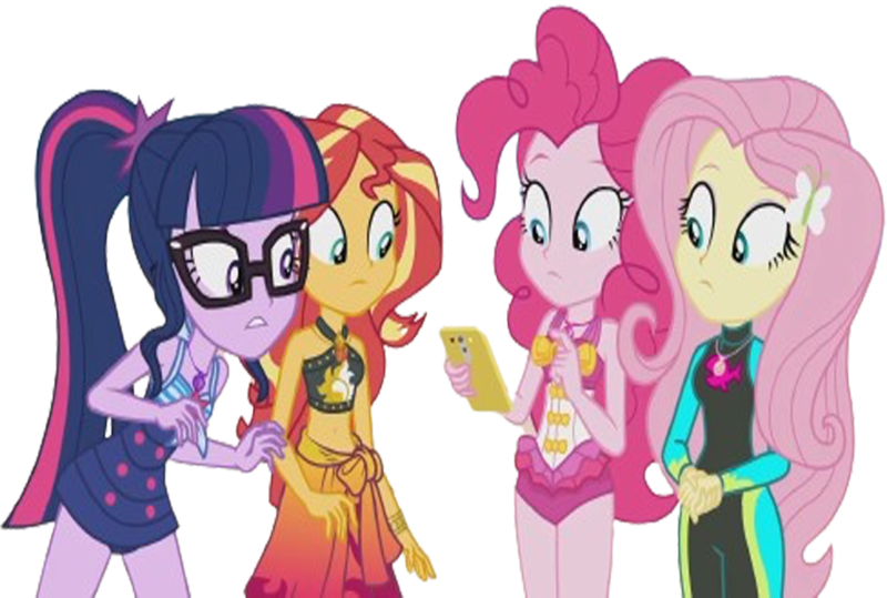 Size: 3740x2520 | Tagged: safe, derpibooru import, edit, edited screencap, editor:homersimpson1983, screencap, fluttershy, pinkie pie, sci-twi, sunset shimmer, twilight sparkle, human, background removed, clothes, g4, image, mobile phone, not a vector, phone, png, smartphone, swimsuit