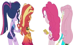 Size: 4047x2520 | Tagged: safe, derpibooru import, edit, edited screencap, editor:homersimpson1983, screencap, fluttershy, pinkie pie, sci-twi, sunset shimmer, twilight sparkle, human, background removed, clothes, female, g4, image, mobile phone, not a vector, phone, png, smartphone, swimsuit