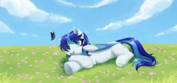 Size: 3088x1440 | Tagged: safe, artist:nika-rain, derpibooru import, oc, oc:snowflake flower, butterfly, insect, pegasus, pony, cloud, commission, cute, female, field, image, not shining armor, png, sky, solo, ych result