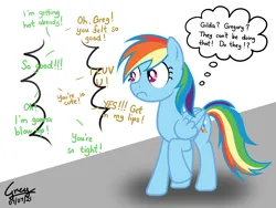 Size: 4096x3072 | Tagged: safe, artist:gregory-the-griffon, derpibooru import, gilda, rainbow dash, oc, oc:gregory griffin, gryphon, pegasus, pony, female, image, inner monologue, listening, male, offscreen character, png, thought bubble, unseen sex, wall