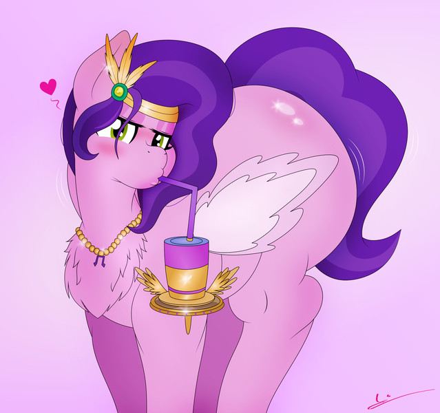 Size: 2214x2080 | Tagged: suggestive, artist:isaac_pony, derpibooru import, pipp petals, pegasus, pony, g5, my little pony: tell your tale, ass up, butt, butt blush, chest fluff, crown, drink, drinking, drone, female, fluffy, heart, huge butt, image, jewelry, large butt, looking at you, necklace, pipp butt, plot, png, regalia, smiling, solo, wings