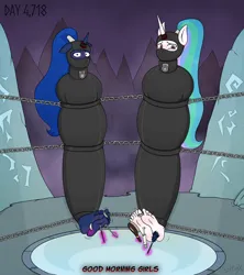 Size: 1600x1800 | Tagged: suggestive, artist:seltiox, derpibooru import, princess celestia, princess luna, anthro, plantigrade anthro, pony, barefoot, bdsm, belt, belts, bondage, bound, bound and gagged, captured, caught, chains, commission, commissioner:rubber maiden, damsel in distress, detailed background, digital art, duo, duo female, encasement, feet, female, fetish, floppy ears, g4, gag, helpless, horn, horn ring, image, implied king sombra, inflatable, jewelry, kidnapped, latex, latex suit, magic, magic suppression, mare, mummyjacket, peril, png, posture collar, restrained, ring, rubber, soles, straps, suspended, suspension bondage, tartarus, telekinesis, tickle fetish, tickling, tied up, toes, wrapped up