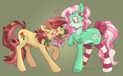 Size: 640x396 | Tagged: safe, artist:cyberplush, derpibooru import, minty (g1), roseluck, earth pony, pony, g1, blushing, bouquet, bouquet of flowers, bow, clothes, female, flower, flower in hair, flower in tail, g4, generation leap, hair bow, heart, image, lesbian, mare, mouth hold, png, shipping, socks, striped socks, surprised, tail, tail bow