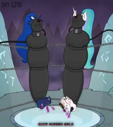 Size: 1600x1800 | Tagged: suggestive, alternate version, artist:seltiox, derpibooru import, princess celestia, princess luna, anthro, plantigrade anthro, pony, barefoot, bdsm, belt, belts, bondage, bound, bound and gagged, captured, caught, chains, commission, commissioner:rubber maiden, damsel in distress, detailed background, digital art, duo, duo female, encasement, feet, female, fetish, floppy ears, g4, gag, gas mask, helpless, horn, horn ring, image, implied king sombra, inflatable, jewelry, kidnapped, latex, latex suit, magic, magic suppression, mare, mask, mummyjacket, peril, png, posture collar, restrained, ring, rubber, soles, straps, suspended, suspension bondage, tartarus, telekinesis, tickle fetish, tickling, tied up, toes, wrapped up