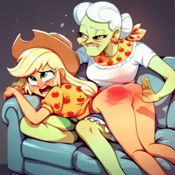 Size: 1024x1024 | Tagged: prompter needed, suggestive, ai content, derpibooru import, machine learning generated, applejack, granny smith, human, applebutt, applejack's hat, ass, butt, cowboy hat, g4, hat, image, jpeg, over the knee, punishment, reddened butt, spank mark, spanking