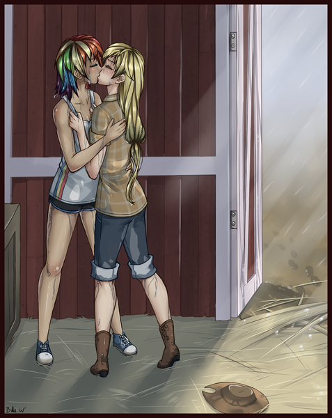 Size: 900x1133 | Tagged: artist needed, safe, derpibooru import, applejack, rainbow dash, human, appledash, barn, clothes, female, g4, humanized, image, kiss on the lips, kissing, lesbian, png, rain, shipping, signature, wet clothes, wet hair