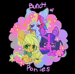 Size: 1113x1105 | Tagged: safe, artist:cutesykill, derpibooru import, applejack, rainbow dash, twilight sparkle, earth pony, pegasus, pony, unicorn, :t, bandana, big ears, big eyes, black background, blonde mane, blonde tail, blue coat, chibi, colored eyebrows, ear piercing, earring, female, flower, flower in hair, g4, green eyes, horn, image, jewelry, jpeg, lidded eyes, looking away, looking to the left, lying down, mare, multicolored hair, multicolored mane, multicolored tail, narrowed eyes, neckerchief, orange coat, piercing, pink eyes, pink text, ponytail, purple coat, rainbow hair, sideways glance, simple background, sitting, smiling, tail, text, thick eyelashes, tied mane, tied tail, trio, trio female, unicorn horn, unicorn twilight, wingding eyes, yellow mane, yellow tail