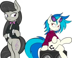Size: 960x773 | Tagged: safe, artist:joey darkmeat, derpibooru import, octavia melody, vinyl scratch, earth pony, unicorn, bowtie, crossed legs, g4, glasses, horn, image, legs together, looking at each other, looking at someone, png, red eyes, simple background, sitting, speaker, standing on two hooves, white background