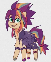 Size: 814x995 | Tagged: safe, artist:disaterror, derpibooru import, sunny starscout, earth pony, pony, g5, my little pony: tell your tale, alternate color palette, alternate design, alternate hairstyle, bag, bald face, bandaid, blaze (coat marking), braid, braided tail, coat markings, colored eartips, colored eyebrows, colored hooves, eyebrows, eyebrows visible through hair, facial markings, female, floating eyebrows, gray background, hooves, image, jpeg, mane stripe sunny, mare, multicolored hair, multicolored hooves, open mouth, open smile, orange coat, pins, ponytail, purple etail, purple mane, rainbow hair, rainbow tail, redesign, saddle bag, simple background, smiling, socks (coat marking), solo, standing, tail, teal eyes, tied mane, tied tail, tracksuit, unshorn fetlocks, water bottle