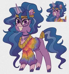 Size: 904x963 | Tagged: safe, artist:disaterror, derpibooru import, izzy moonbow, pony, unicorn, g5, my little pony: tell your tale, alternate design, alternate hair color, alternate hairstyle, bandana, beauty mark, choker, clothes, coat markings, colored eartips, colored hooves, colored horn, colored muzzle, curly mane, curly tail, ear piercing, earring, eyelashes, female, glasses, gray background, horn, image, jewelry, jpeg, long legs, long mane, long tail, mare, multicolored mane, multicolored tail, necklace, piercing, ponytail, purple coat, purple eyes, redesign, round glasses, simple background, smiling, socks (coat marking), solo, standing, sweater, tail, tied mane, tied tail, turtleneck, unicorn horn, unshorn fetlocks