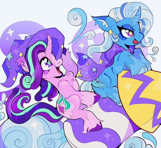 Size: 1310x1205 | Tagged: safe, artist:infinithiez, derpibooru import, starlight glimmer, trixie, pony, unicorn, :p, alternate design, beanbrows, blaze (coat marking), blue coat, blue mane, blue tail, blush sticker, blushing, cape, clothes, cloven hooves, coat markings, colored ear fluff, colored eartips, colored eyebrows, colored eyelashes, colored hooves, colored horn, colored muzzle, colored pinnae, curved horn, cute, diatrixes, duo, duo female, ear fluff, ear tufts, eyebrows, eyelashes, eyeshadow, facial markings, female, g4, glimmerbetes, hat, holding hat, horn, image, jpeg, lesbian, makeup, mare, narrowed eyes, open mouth, open smile, pink coat, profile, purple eyes, riding, rocket, shipping, simple background, sitting, smiling, socks (coat marking), sparkles, startrix, tail, thick eyelashes, tongue out, toy interpretation, trixie's cape, trixie's hat, trixie's rocket, two toned mane, two toned tail, unshorn fetlocks, wavy mane, wavy tail, white background, wingding eyes