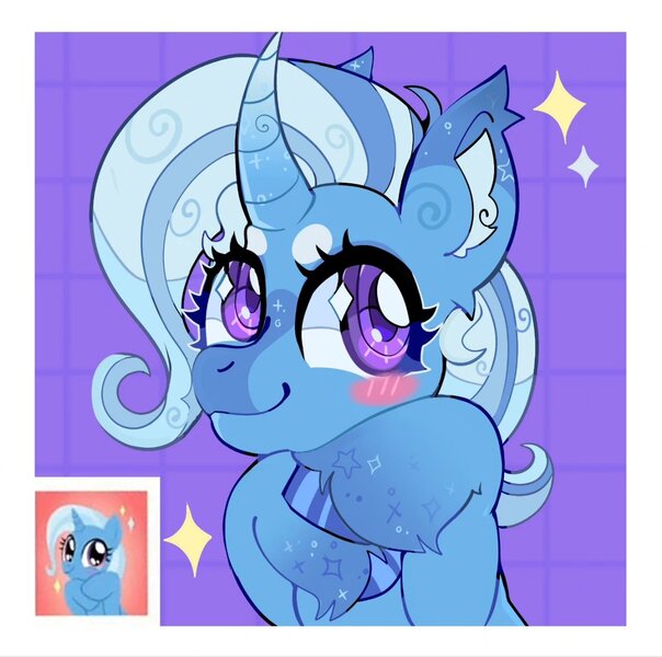 Size: 1310x1302 | Tagged: safe, artist:infinithiez, derpibooru import, trixie, pony, unicorn, alternate design, beanbrows, blaze (coat marking), blue coat, blue mane, blush sticker, blushing, border, coat markings, colored ear fluff, colored eartips, colored eyebrows, colored hooves, colored horn, curved horn, cute, diatrixes, ear fluff, ear tufts, eyebrows, eyelashes, facial markings, female, g4, horn, image, jpeg, looking back, mare, patterned background, pose, posing for photo, purple eyes, redraw, screenshot redraw, shiny hooves, smiling, socks (coat marking), solo, sparkles, sparkly eyes, thick eyelashes, unshorn fetlocks, wavy mane, wingding eyes