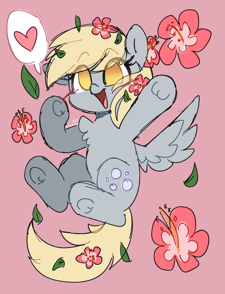 Size: 2372x3094 | Tagged: safe, artist:sakukitty, derpibooru import, derpy hooves, pegasus, pony, :d, chest fluff, cute, derpabetes, eye clipping through hair, eyebrows, eyebrows visible through hair, female, flower, flower in hair, flying, g4, heart, high res, image, leaves, mare, no pupils, open mouth, open smile, pink background, png, simple background, sketch, smiling, solo, spread wings, wings