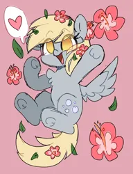 Size: 2372x3094 | Tagged: safe, artist:sakukitty, derpibooru import, derpy hooves, pegasus, pony, :d, chest fluff, cute, derpabetes, eye clipping through hair, eyebrows, eyebrows visible through hair, female, flower, flower in hair, flying, g4, heart, high res, image, leaves, mare, no pupils, open mouth, open smile, pink background, png, simple background, sketch, smiling, solo, spread wings, wings