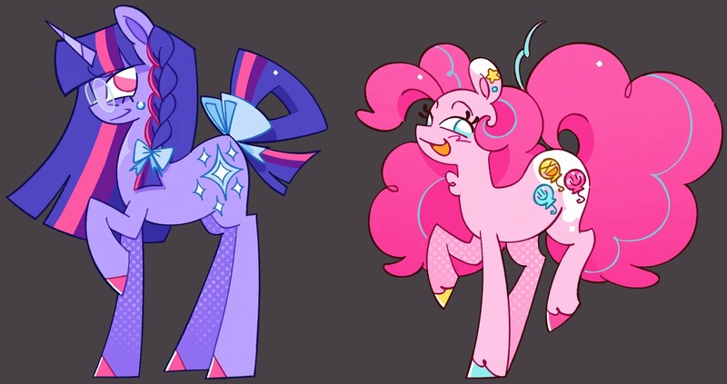 Size: 2048x1084 | Tagged: safe, artist:shrimpnurse, derpibooru import, part of a set, pinkie pie, twilight sparkle, earth pony, pony, unicorn, alternate cutie mark, alternate eye color, alternate hairstyle, alternate tailstyle, bags under eyes, blue eyes, bow, braid, braided ponytail, chest fluff, colored eartips, colored hooves, colored pinnae, countershading, curly mane, curly tail, duo, duo female, ear piercing, earring, eyelashes, female, g4, glasses, gray background, hair bow, halftone, height difference, hooves, horn, image, jewelry, jpeg, long horn, long mane, long tail, mare, multicolored hair, multicolored hooves, multicolored mane, multicolored tail, no pupils, open mouth, open smile, piercing, pink coat, pink eyes, pink mane, pink tail, ponytail, profile, raised hoof, redesign, round glasses, shiny hooves, simple background, smiling, splotches, standing, strutting, sweat, sweatdrop, tail, tail bow, tied mane, tied tail, trotting, two toned mane, two toned tail, unicorn horn, unicorn twilight, unshorn fetlocks, wall of tags