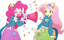 Size: 2400x1500 | Tagged: safe, artist:fuyugi, derpibooru import, fluttershy, pinkie pie, human, eqg summertime shorts, equestria girls, steps of pep, clothes, cute, diapinkes, duo, duo female, emanata, eyes closed, female, frightened, g4, image, megaphone, open mouth, png, scene interpretation, shyabetes, simple background, skirt, sweater, white background, wondercolts uniform, yelling