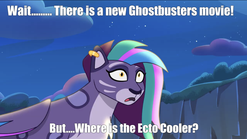 Size: 1136x640 | Tagged: safe, derpibooru import, big cat, leopard, snow leopard, g5, my little pony: tell your tale, spoiler:g5, allura, ecto cooler, funny, ghostbusters, image, meme, png, shocked, shocked expression