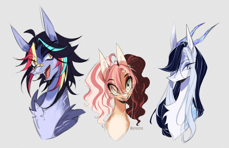 Size: 2048x1328 | Tagged: safe, artist:iheyyasyfox, derpibooru import, oc, oc:ember snow, oc:marsha pie, oc:nick storm, unofficial characters only, dracony, earth pony, hybrid, pegasus, pony, bandaid, bandaid on nose, bust, eye clipping through hair, female, gray background, horns, image, interspecies offspring, jpeg, looking at you, male, mare, offspring, open mouth, open smile, parent:cheese sandwich, parent:pinkie pie, parent:rainbow dash, parent:rarity, parent:soarin', parent:spike, parents:cheesepie, parents:soarindash, parents:sparity, simple background, smiling, smiling at you, stallion, trio