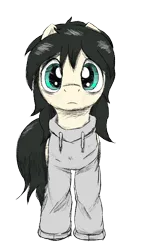 Size: 406x705 | Tagged: safe, artist:ricy, edit, ponerpics import, oc, oc:floor bored, earth pony, pony, clothes, female, hoodie, image, looking at you, mane, mare, mare stare, png, tired eyes