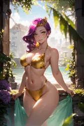 Size: 1024x1536 | Tagged: suggestive, ai content, derpibooru import, editor:sammykun, machine learning generated, pipp petals, human, g5, beach, belly, belly button, big breasts, bikini, breasts, building, busty pipp petals, circlet, city, cleavage, clothes, cloud, cloudy, female, generator:yodayo, gold, humanized, image, jewelry, jpeg, looking at you, ocean, open mouth, open smile, outdoors, plants, prompter:sammykun, ribcage, sand, short hair, sitting, sky, smiling, solo, stupid sexy pipp petals, swimsuit, tiara, water, wide hips