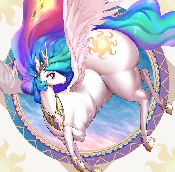 Size: 3687x3633 | Tagged: suggestive, artist:chigusa, derpibooru import, princess celestia, alicorn, pony, butt, crown, female, g4, image, jewelry, jpeg, large butt, plot, regalia, solo, solo female, sunbutt, the ass was fat