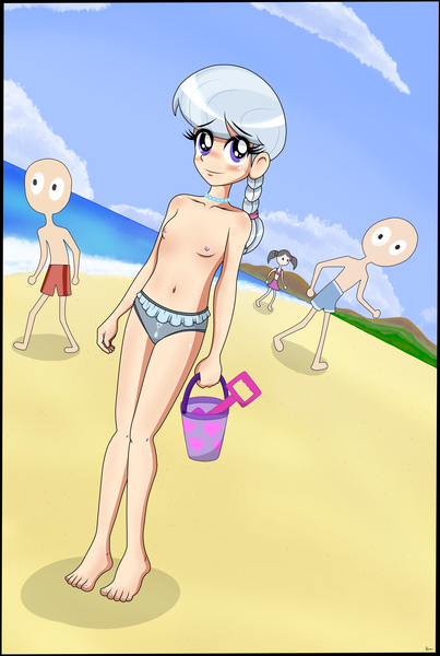 Size: 3315x4932 | Tagged: questionable, artist:derpyramone, banned from derpibooru, silver spoon, human, equestria girls, beach, bikini, bikini bottom, bucket, child, clothes, cloud, female, human coloration, humanized, image, light skin, lolicon, missing accessory, nipples, no glasses, nudity, partial nudity, people, png, semi-nude, shy, sky, smiling, swimsuit, topless, underage