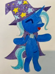 Size: 1516x2048 | Tagged: safe, artist:heartwoozy, derpibooru import, trixie, semi-anthro, unicorn, cape, clothes, female, hat, horn, image, jpeg, simple background, solo, traditional art, trixie's cape, trixie's hat