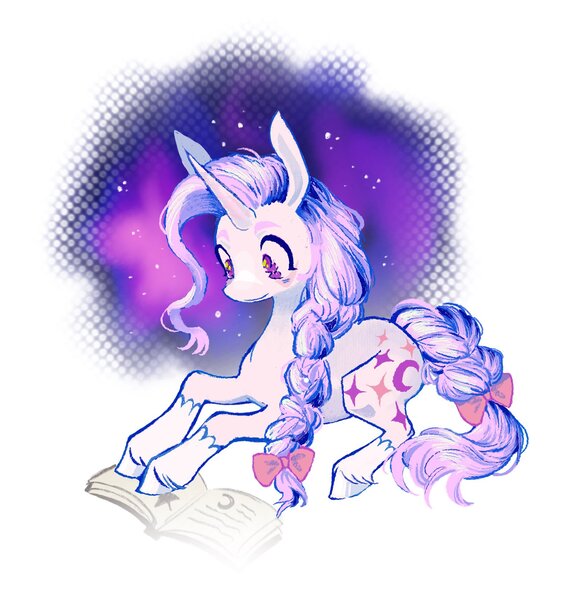 Size: 1564x1649 | Tagged: safe, artist:heartwoozy, derpibooru import, oc, unofficial characters only, pony, unicorn, book, bow, braid, braided tail, female, horn, image, jpeg, lying down, mare, prone, reading, tail, tail bow, unshorn fetlocks