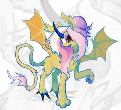 Size: 1517x1379 | Tagged: safe, artist:heartwoozy, derpibooru import, oc, unofficial characters only, alicorn, hybrid, pony, abstract background, bat ears, bat wings, butt fluff, chest fluff, claws, commission, curved horn, ear fluff, fangs, female, horn, image, jpeg, leonine tail, mare, paws, solo, spread wings, tail, wings