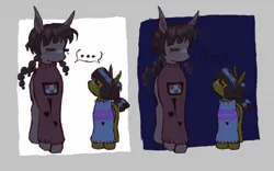 Size: 1125x703 | Tagged: safe, artist:heartwoozy, derpibooru import, ponified, earth pony, pony, ..., abstract background, clothes, crossover, duo, female, frisk, image, jpeg, looking at each other, looking at someone, madotsuki, mare, speech bubble, sweater, undertale, yume nikki