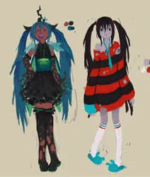 Size: 1300x1536 | Tagged: safe, artist:heartwoozy, derpibooru import, queen chrysalis, anthro, human, adventure time, clothes, fangs, female, hatsune miku, image, jpeg, marceline, necktie, ripped stockings, simple background, skirt, socks, solo, stockings, sweater, thigh highs, torn clothes, vocaloid