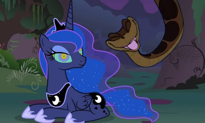 Size: 720x432 | Tagged: safe, artist:ocean lover, derpibooru import, edit, edited screencap, screencap, princess luna, alicorn, python, snake, antagonist, belly button, bikini, clothes, crossover, crown, disney, ethereal mane, flowing mane, forest, forest background, g4, hypno eyes, hypnosis, image, jewelry, kaa, kaa eyes, link in description, looking at each other, looking at someone, lying down, nature, outdoors, png, regalia, smiling, swimsuit, thumbnail, trance, tree, youtube link, youtube link in the description, youtube thumbnail, youtube video