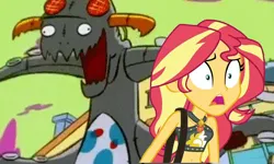 Size: 720x432 | Tagged: safe, artist:ocean lover, derpibooru import, edit, edited screencap, screencap, sunset shimmer, bare shoulders, bikini, clothes, cloud, ed edd n eddy, frown, geode of empathy, house, image, jpeg, link, link in description, magical geodes, midriff, monster, open mouth, outdoors, scared, shrunken pupils, sky, swimsuit, the legend of zelda, thumbnail, youtube thumbnail