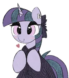 Size: 783x885 | Tagged: safe, artist:castafae, derpibooru import, oc, oc:constellation cradle, unofficial characters only, pony, unicorn, blushing, bootleg, bow, clothes, dress, female, floating heart, hair bow, heart, horn, image, lidded eyes, mare, not twilight sparkle, png, simple background, smiling, solo, white background