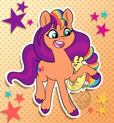 Size: 700x754 | Tagged: safe, artist:themiles, derpibooru import, sunny starscout, earth pony, pony, g5, crossover, cute, duo, female, halftone effect, image, mare, open mouth, open smile, outline, png, rain world, slugcat, smiling, sunnybetes, watermark, white outline