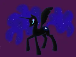 Size: 800x600 | Tagged: safe, artist:moon petals, derpibooru import, nightmare moon, oc, oc:nyx, alicorn, pony, fanfic:past sins, alicorn oc, ethereal hair, eyeshadow, fanfic art, horn, image, makeup, nightmare nyx, png, purple background, simple background, solo, spread wings, wings, wrong cutie mark